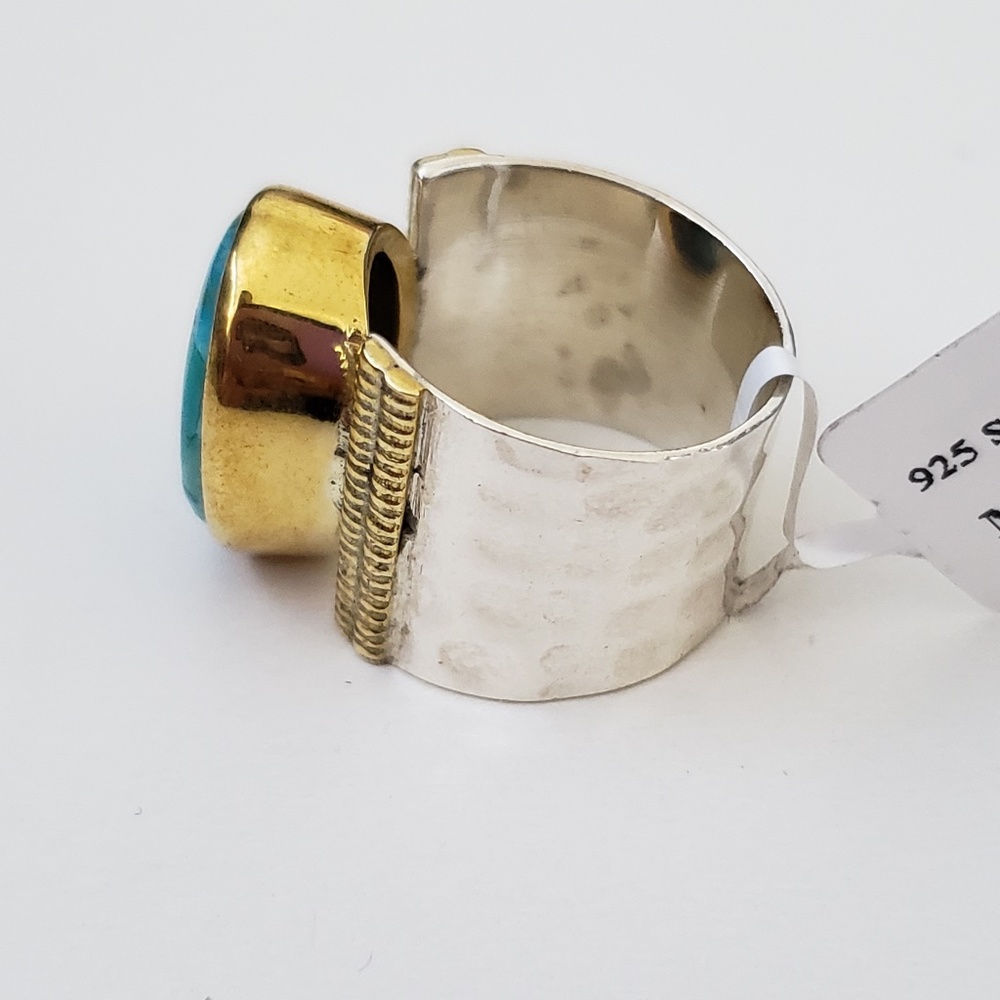 925 Sterling Silver & Brass Mohave Turquoise Ring Size 6.5 - Picture 5 of 9